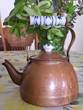 Antique Copper Teakettle with Blue-Trim Porcelain Handle